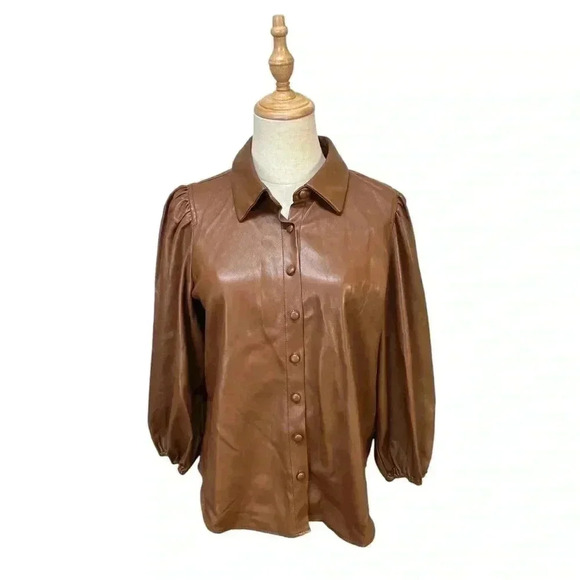 Marc New York Brown Faux Leather Button Up Top Size M - Picture 1 of 6